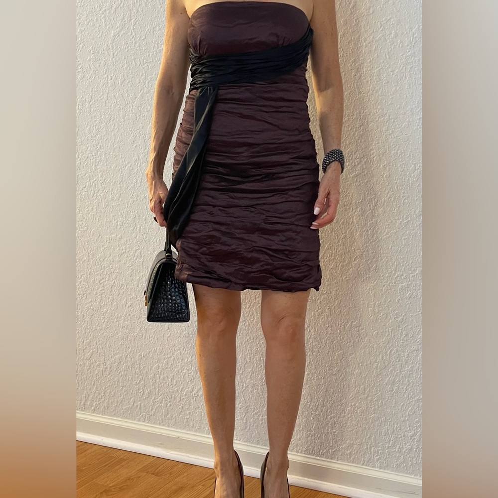 BCBGMAXAZRIA Burgundy  & Black Satin Strapless Dress Size M Dark Purple Dress